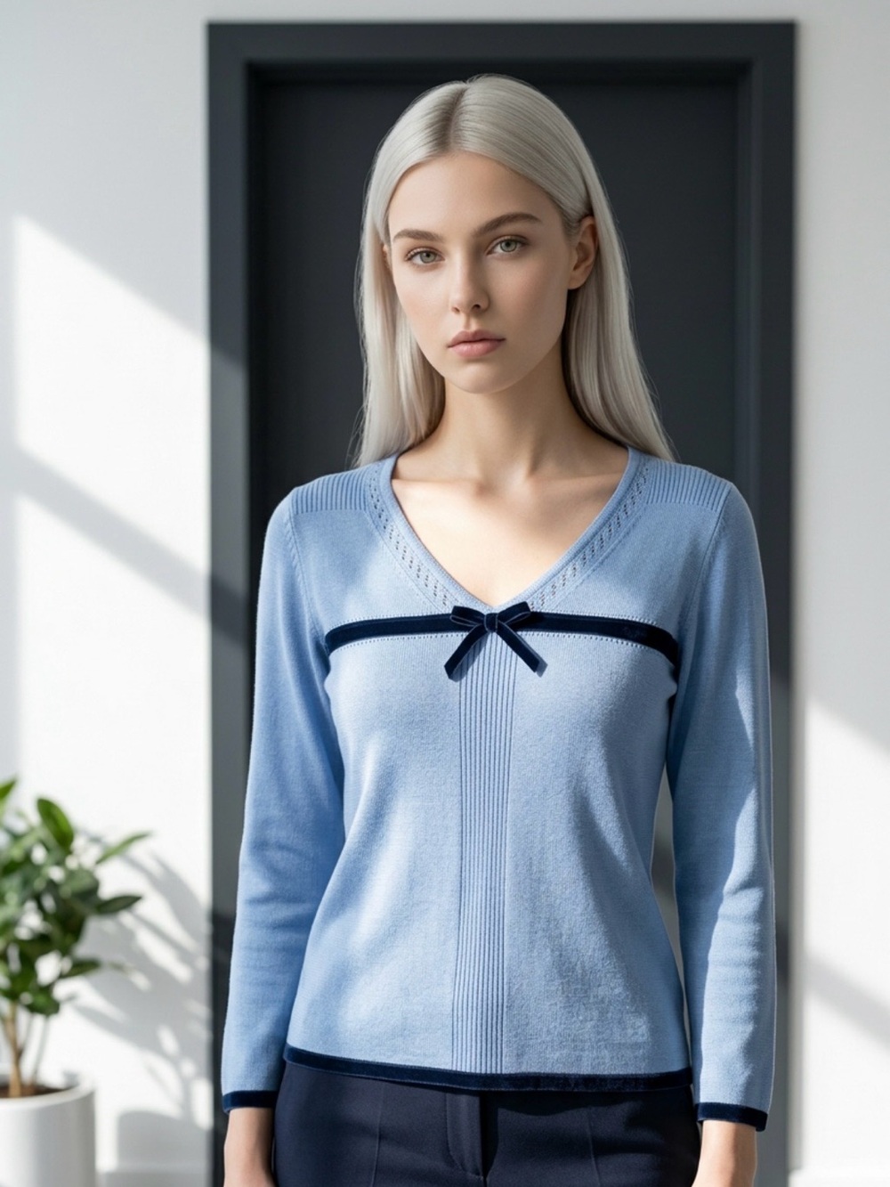 Emma James Light Blue V-Neck Sweater with Navy Velvet Trim